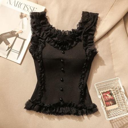 BY15725# 纯欲甜辣蕾丝花边吊带背心女夏辣妹修身显瘦针织打底无袖美背上衣  服裝批發女裝批發服飾貨源