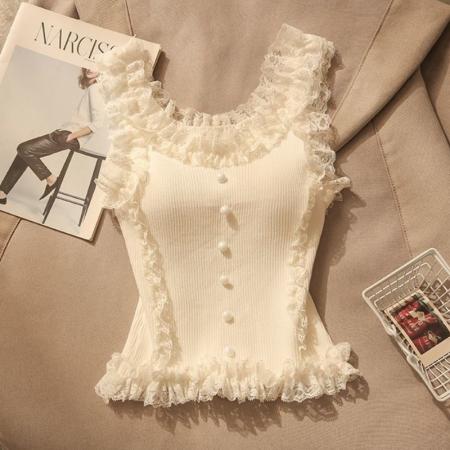 BY15725# 纯欲甜辣蕾丝花边吊带背心女夏辣妹修身显瘦针织打底无袖美背上衣  服裝批發女裝批發服飾貨源