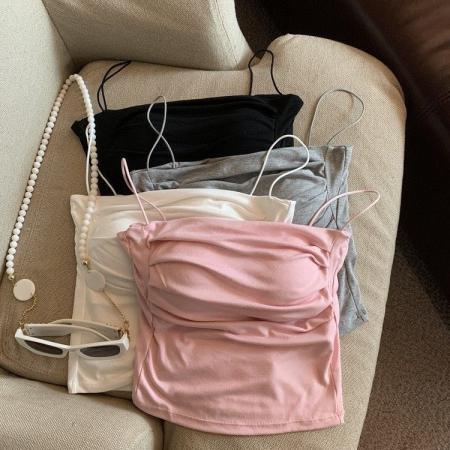 BY15726# 新款夏季美德拉纯欲风辣妹褶修身吊带针织美背吊带短背心女  服裝批發女裝批發服飾貨源