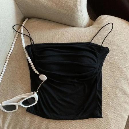 BY15726# 新款夏季美德拉纯欲风辣妹褶修身吊带针织美背吊带短背心女  服裝批發女裝批發服飾貨源