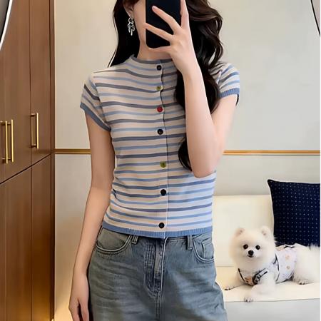 BY15728# 撞色条纹短袖t恤女新款夏季大码胖mm修身显瘦气质针织衫上衣  服裝批發女裝批發服飾貨源