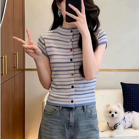 BY15728# 撞色条纹短袖t恤女新款夏季大码胖mm修身显瘦气质针织衫上衣  服裝批發女裝批發服飾貨源