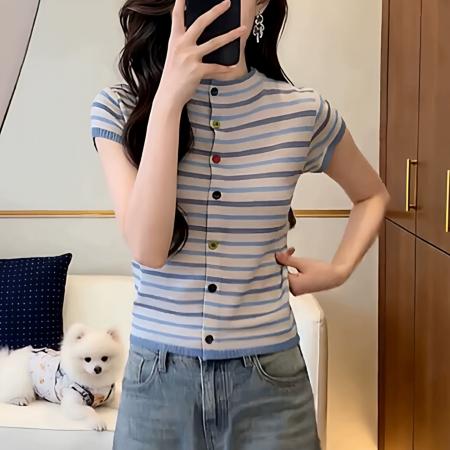 BY15728# 撞色条纹短袖t恤女新款夏季大码胖mm修身显瘦气质针织衫上衣  服裝批發女裝批發服飾貨源