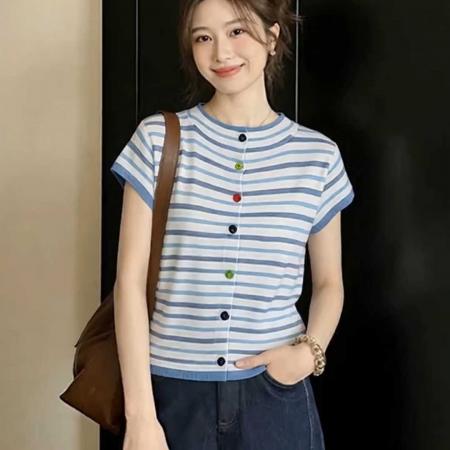 BY15728# 撞色条纹短袖t恤女新款夏季大码胖mm修身显瘦气质针织衫上衣  服裝批發女裝批發服飾貨源