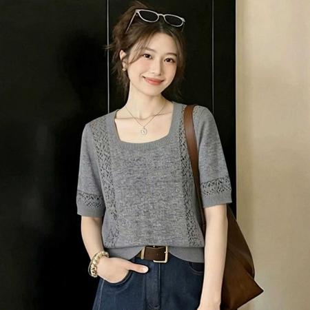 BY15730# 夏季新款法式松弛感正肩方领镂空短袖上衣气质绝美别致针织衫  服裝批發女裝批發服飾貨源