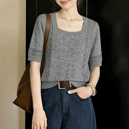 BY15730# 夏季新款法式松弛感正肩方领镂空短袖上衣气质绝美别致针织衫  服裝批發女裝批發服飾貨源