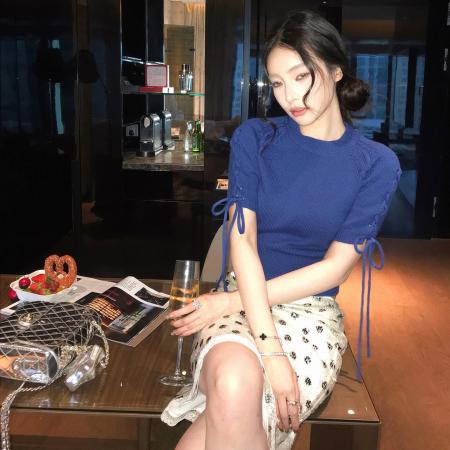 BY15732# 新款夏季圆领绑带短袖针织衫女初xai新款设计感短款上衣  服裝批發女裝批發服飾貨源