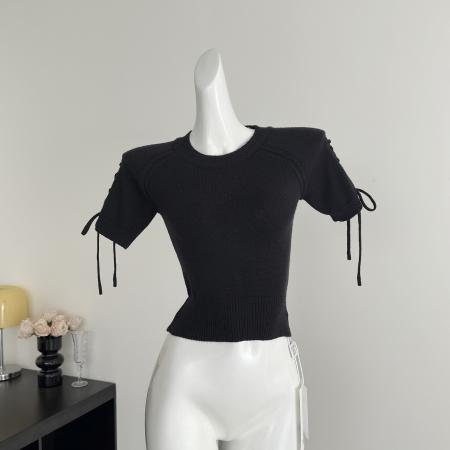 BY15732# 新款夏季圆领绑带短袖针织衫女初xai新款设计感短款上衣  服裝批發女裝批發服飾貨源