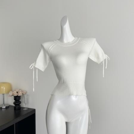 BY15732# 新款夏季圆领绑带短袖针织衫女初xai新款设计感短款上衣  服裝批發女裝批發服飾貨源