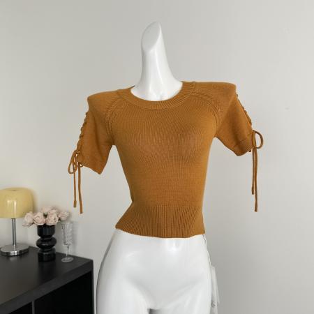 BY15732# 新款夏季圆领绑带短袖针织衫女初xai新款设计感短款上衣  服裝批發女裝批發服飾貨源