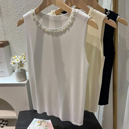 BY15736# 白色吊带背心女新款夏修身薄款冰丝针织钉珠装饰圆领无袖上衣  服裝批發女裝批發服飾貨源