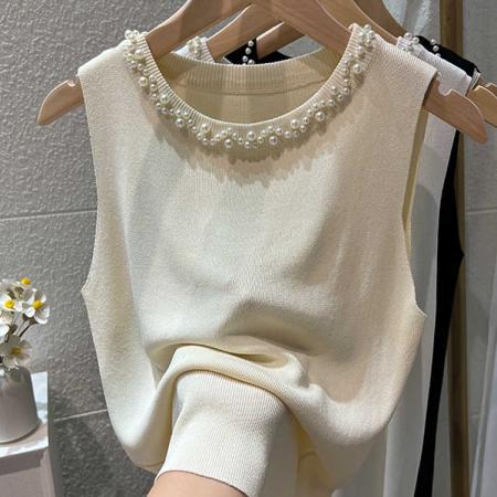 BY15736# 白色吊带背心女新款夏修身薄款冰丝针织钉珠装饰圆领无袖上衣  服裝批發女裝批發服飾貨源