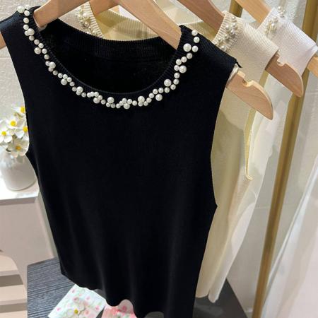 BY15736# 白色吊带背心女新款夏修身薄款冰丝针织钉珠装饰圆领无袖上衣  服裝批發女裝批發服飾貨源