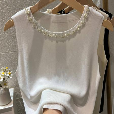 BY15736# 白色吊带背心女新款夏修身薄款冰丝针织钉珠装饰圆领无袖上衣  服裝批發女裝批發服飾貨源