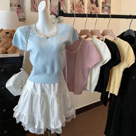 BY15739# 甜美风设计感修身短袖T恤蕾丝百搭方领甜美花边新款夏季短款百搭  服裝批發女裝批發服飾貨源