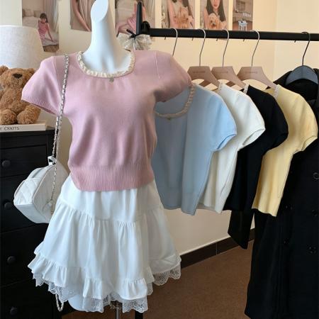 BY15739# 甜美风设计感修身短袖T恤蕾丝百搭方领甜美花边新款夏季短款百搭  服裝批發女裝批發服飾貨源