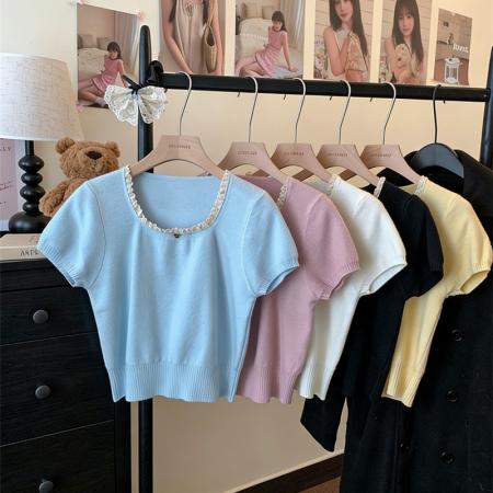 BY15739# 甜美风设计感修身短袖T恤蕾丝百搭方领甜美花边新款夏季短款百搭  服裝批發女裝批發服飾貨源