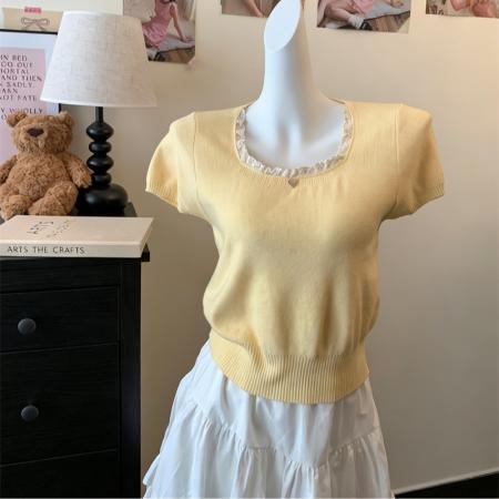 BY15739# 甜美风设计感修身短袖T恤蕾丝百搭方领甜美花边新款夏季短款百搭  服裝批發女裝批發服飾貨源