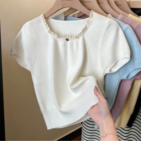 BY15739# 甜美风设计感修身短袖T恤蕾丝百搭方领甜美花边新款夏季短款百搭  服裝批發女裝批發服飾貨源