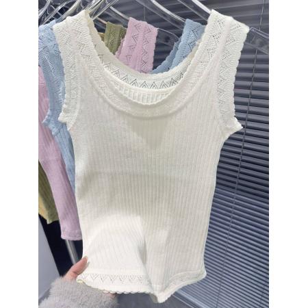 BY15740# 女士针织衫背心性感蕾丝边轻薄针织螺纹棉舒适柔软打底针织衫  服裝批發女裝批發服飾貨源