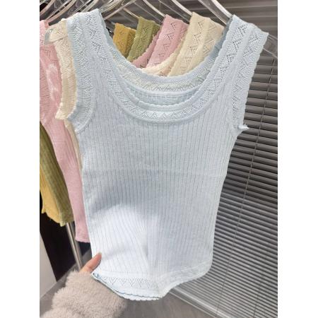 BY15740# 女士针织衫背心性感蕾丝边轻薄针织螺纹棉舒适柔软打底针织衫  服裝批發女裝批發服飾貨源