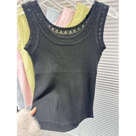 BY15740# 女士针织衫背心性感蕾丝边轻薄针织螺纹棉舒适柔软打底针织衫  服裝批發女裝批發服飾貨源