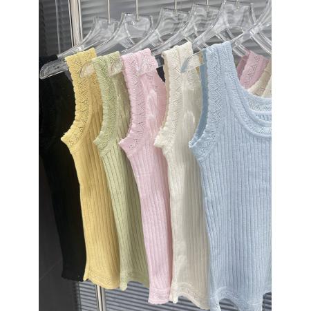 BY15740# 女士针织衫背心性感蕾丝边轻薄针织螺纹棉舒适柔软打底针织衫  服裝批發女裝批發服飾貨源