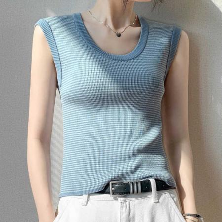 BY15741# 圆领条纹坎肩背心女夏季新款衬衫内搭修身显瘦百搭无袖上衣女  服裝批發女裝批發服飾貨源