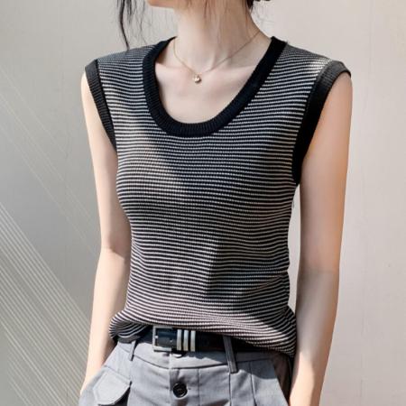 BY15741# 圆领条纹坎肩背心女夏季新款衬衫内搭修身显瘦百搭无袖上衣女  服裝批發女裝批發服飾貨源