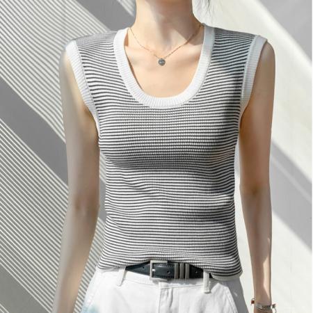 BY15741# 圆领条纹坎肩背心女夏季新款衬衫内搭修身显瘦百搭无袖上衣女  服裝批發女裝批發服飾貨源