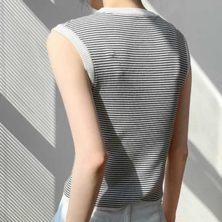 BY15741# 圆领条纹坎肩背心女夏季新款衬衫内搭修身显瘦百搭无袖上衣女  服裝批發女裝批發服飾貨源
