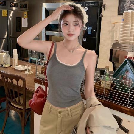 BY15742# 灰色蕾丝德绒保暖背心吊带带胸垫女内搭新款春夏针织吊带  服裝批發女裝批發服飾貨源