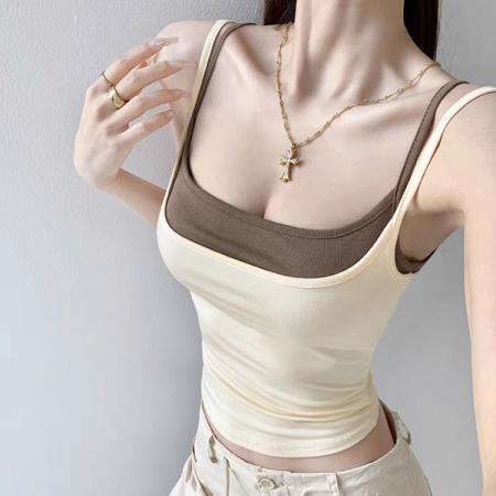 BY15745# 美式假两件黑色小吊带背心女外穿夏内搭泰式甜辣带胸垫短款上衣  服裝批發女裝批發服飾貨源