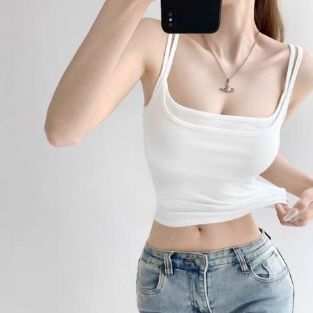 BY15745# 美式假两件黑色小吊带背心女外穿夏内搭泰式甜辣带胸垫短款上衣  服裝批發女裝批發服飾貨源