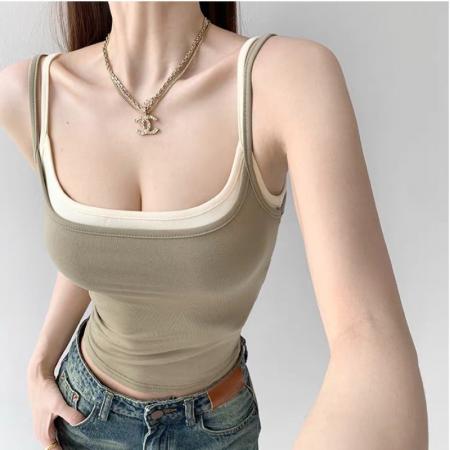 BY15745# 美式假两件黑色小吊带背心女外穿夏内搭泰式甜辣带胸垫短款上衣  服裝批發女裝批發服飾貨源