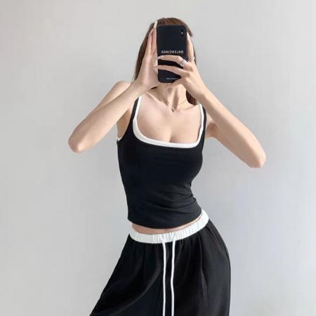 BY15745# 美式假两件黑色小吊带背心女外穿夏内搭泰式甜辣带胸垫短款上衣  服裝批發女裝批發服飾貨源