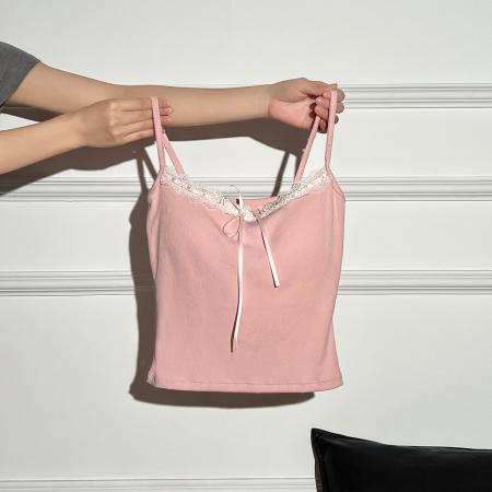 BY15746# 甜辣妹蕾丝绑带蝴蝶结吊带背心女带胸垫欲风美背外穿打底上衣女  服裝批發女裝批發服飾貨源