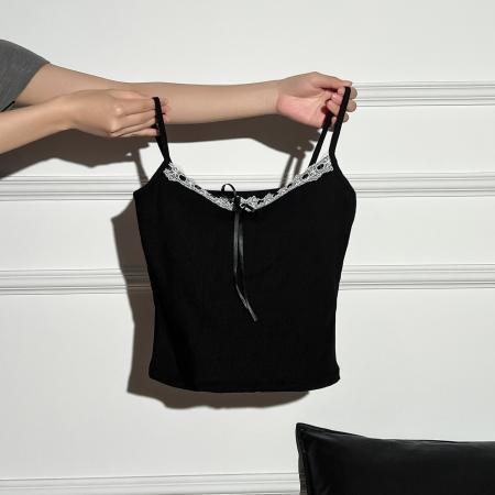 BY15746# 甜辣妹蕾丝绑带蝴蝶结吊带背心女带胸垫欲风美背外穿打底上衣女  服裝批發女裝批發服飾貨源