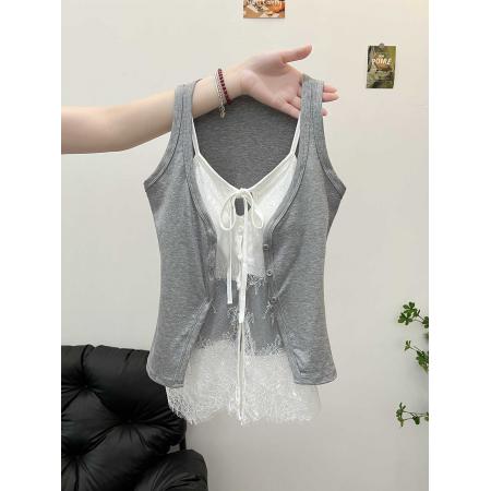 BY15747# 吊带背心女新款夏外穿黑色辣妹穿搭蕾丝假两件无袖上衣  服裝批發女裝批發服飾貨源