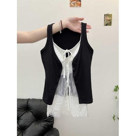 BY15747# 吊带背心女新款夏外穿黑色辣妹穿搭蕾丝假两件无袖上衣  服裝批發女裝批發服飾貨源