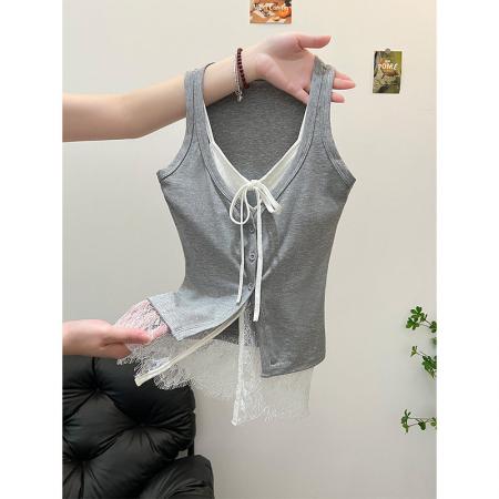 BY15747# 吊带背心女新款夏外穿黑色辣妹穿搭蕾丝假两件无袖上衣  服裝批發女裝批發服飾貨源