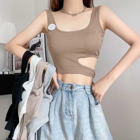 BY15749# 甜辣妹露腰小背心女带胸垫外穿坎肩t恤夏季打底短款无袖美背ins潮  服裝批發女裝批發服飾貨源