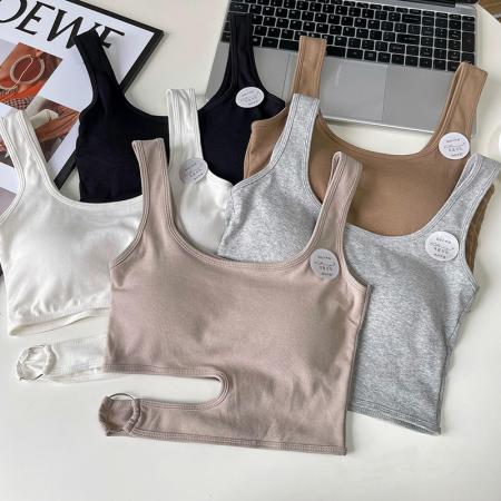 BY15749# 甜辣妹露腰小背心女带胸垫外穿坎肩t恤夏季打底短款无袖美背ins潮  服裝批發女裝批發服飾貨源
