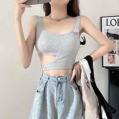 BY15749# 甜辣妹露腰小背心女带胸垫外穿坎肩t恤夏季打底短款无袖美背ins潮  服裝批發女裝批發服飾貨源