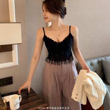 BY15751# 新款玻尿酸流苏法式蕾丝V领美背百搭内衣女吊带胸垫内搭打底背心  服裝批發女裝批發服飾貨源