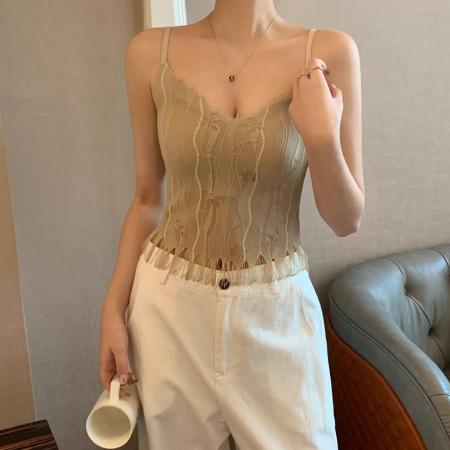 BY15751# 新款玻尿酸流苏法式蕾丝V领美背百搭内衣女吊带胸垫内搭打底背心  服裝批發女裝批發服飾貨源