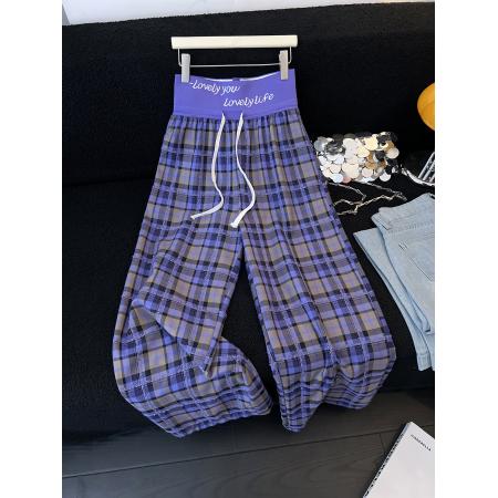 BY15765# 韩系慵懒风chic减龄紫色格纹休闲裤春新款时尚小众阔腿裤子  服裝批發女裝批發服飾貨源