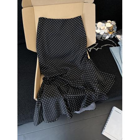 BY15766# 复古波点荷叶边半身裙女春季高腰设计感小众不规则包臀裙鱼尾裙子  服裝批發女裝批發服飾貨源
