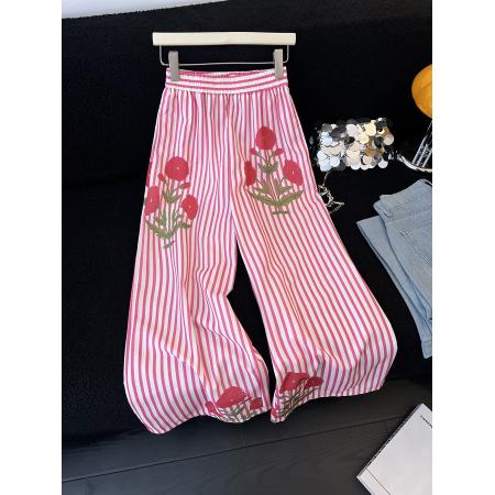 BY15767# 慵懒松弛感穿搭复古田园度假风薄款花卉印花亚麻条纹阔腿裤女  服裝批發女裝批發服飾貨源