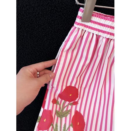 BY15767# 慵懒松弛感穿搭复古田园度假风薄款花卉印花亚麻条纹阔腿裤女  服裝批發女裝批發服飾貨源